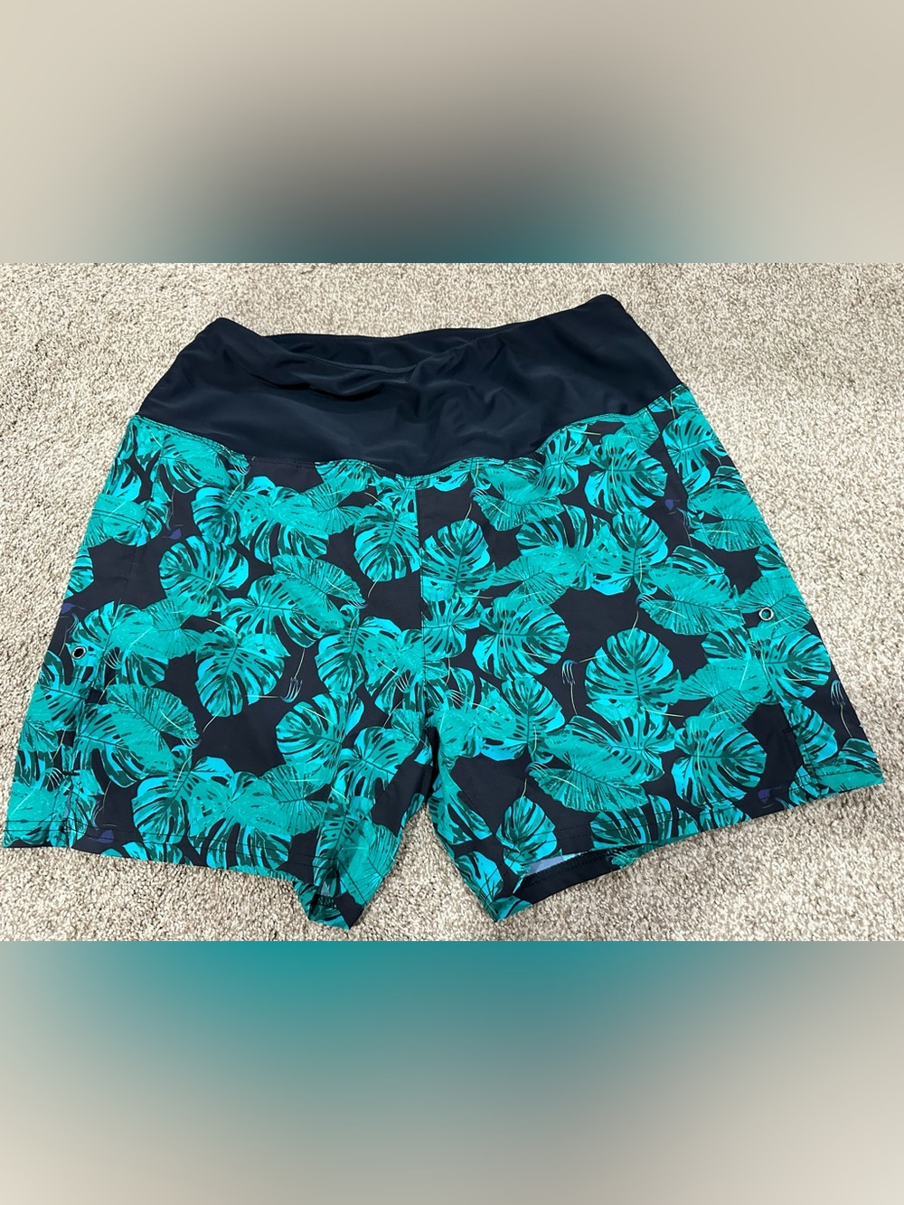Amazon Women Swim Shorts - Teal Leaf Print on Dark Blue